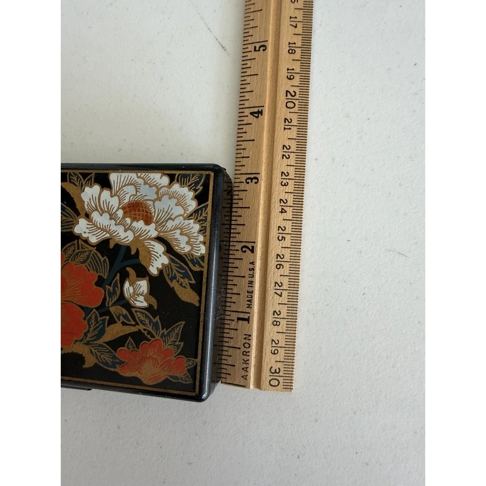 Vtg Japanese Black Lacquer Style Floral Compact w/Mirror Tissue Holder